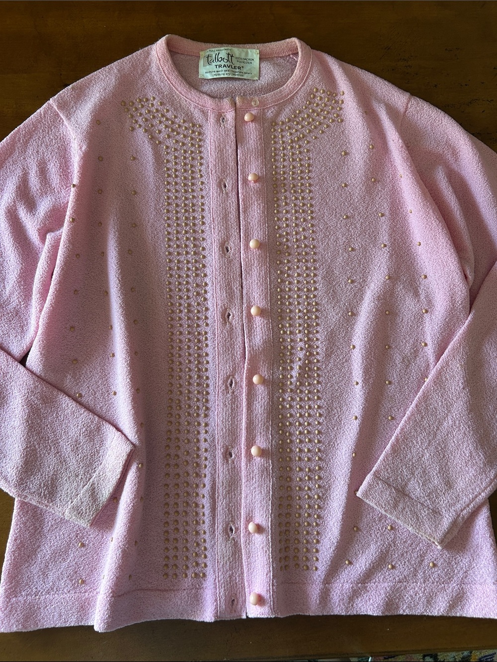 Vintage 1970s Talbott travler Dacron polyester pink button up cardigan sweater